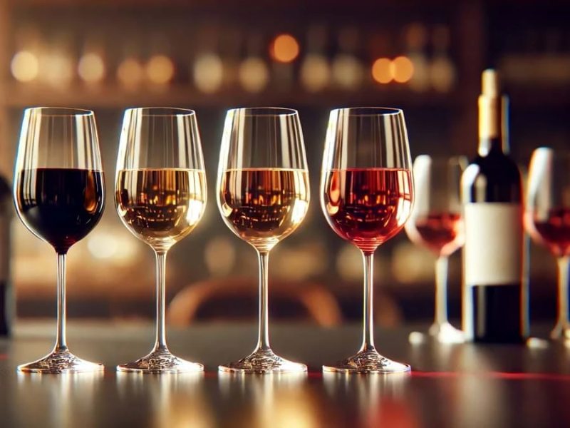 Vang đỏ, vang trắng, hoặc vang hồng được phục vụ tại quán bar